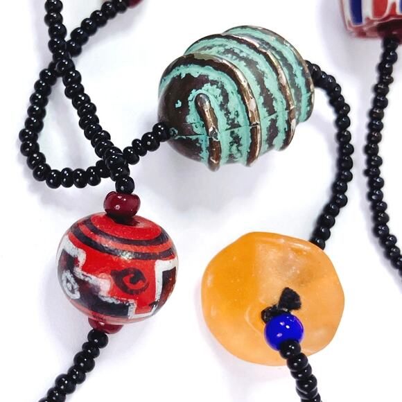 Vintage Artisan Beaded Necklace Mixed Glass Wood Ceramic Boho Trade Bead Jewelry - Picture 5 of 16